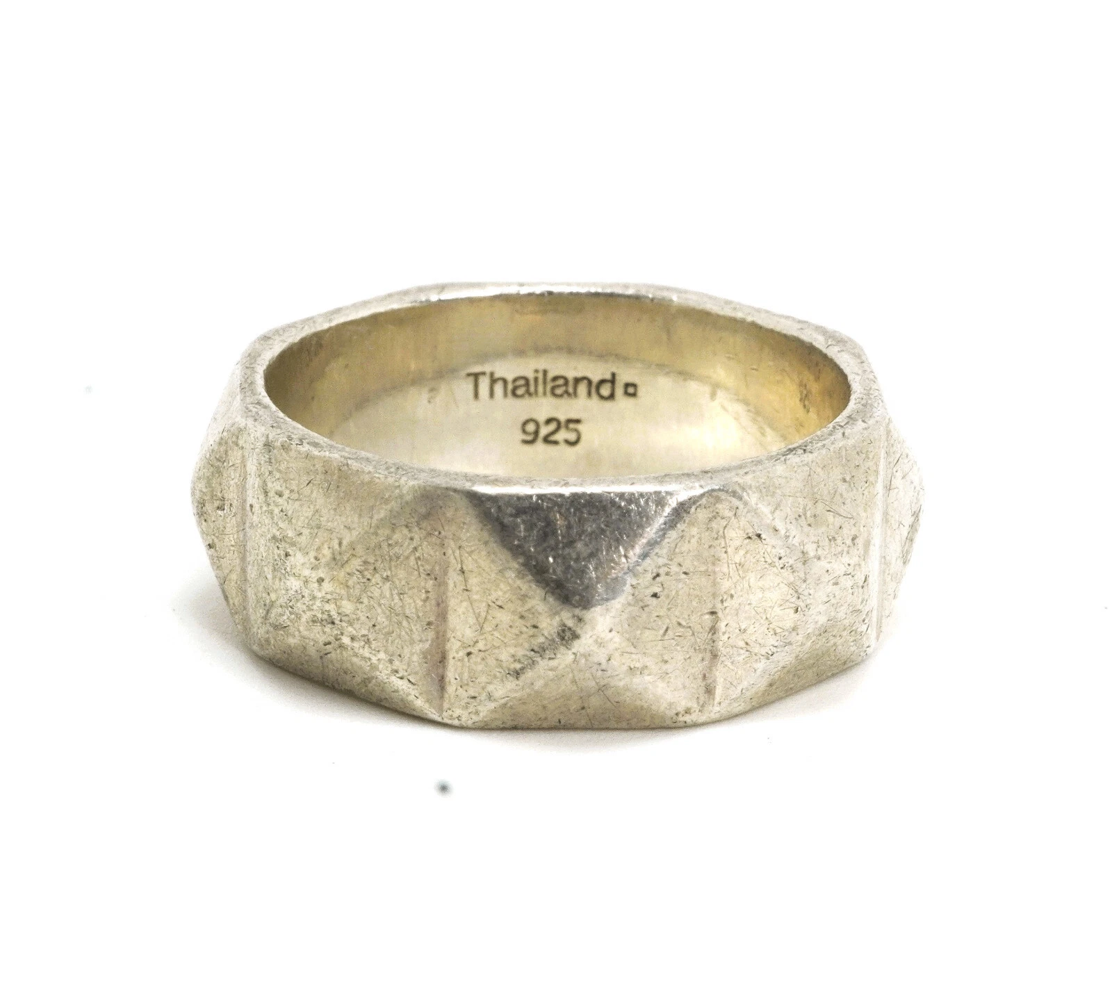 Anello a banda larga Coach argento sterling con motivo geometrico rialzato taglia 8 1 4