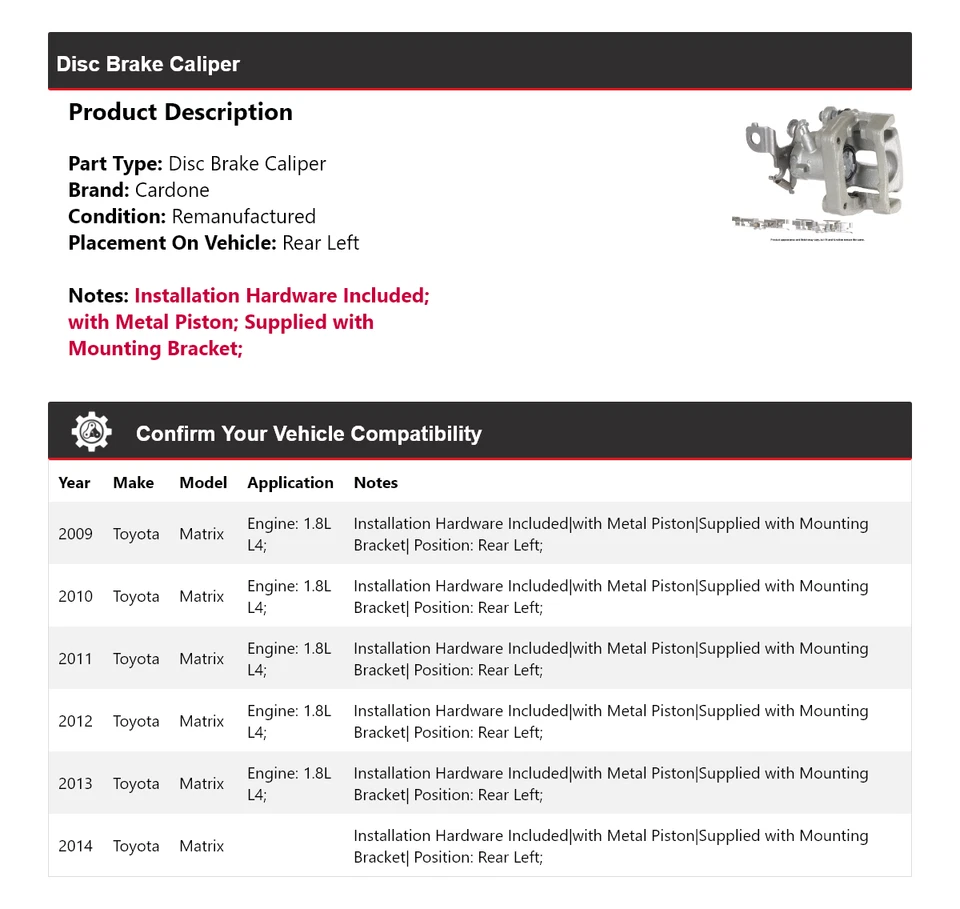 Pinza de freno de disco trasera izquierda cardone 2010 2011 2012 Toyota Matrix 2009-2014 Foto 2 de 4