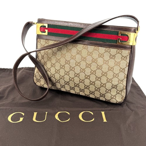 Vintage GUCCI Sherry Line GG Shoulder Bag Leather Canvas Authentic