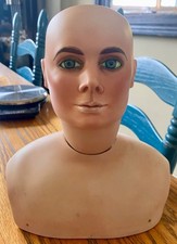 Vintage Porcelain Bisque Doll Head, Bust, Glass Eyes, Artist Signed 1980 MAN