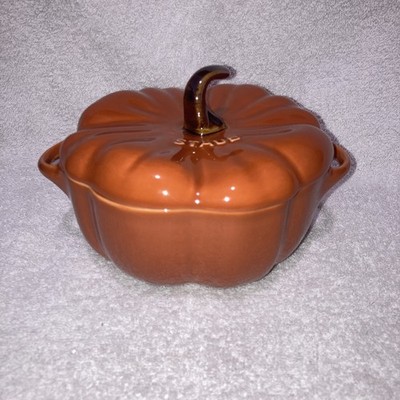 Staub Glazed Ceramic 16 oz Mini Pumpkin Cocotte Burnt Orange Lid 0.5 Qt New