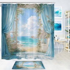 Summer Window Pink Floral Coastal Beach Shower Curtain Set for Bathroom Decor