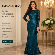 Tadashi Shoji Dress 6 Fabia Sequin Gown Teal Long Sleeve Maxi Formal Gala Party