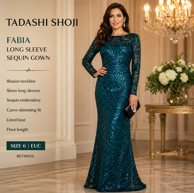 Tadashi Shoji Dress 6 Fabia Sequin Gown Teal Long Sleeve Maxi Formal Gala Party