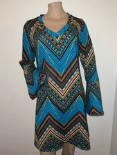 Win Win Women’s Teal Ethnic Print Bell Sleeve Flare Bottom Tunic Top Shirt L/XL
