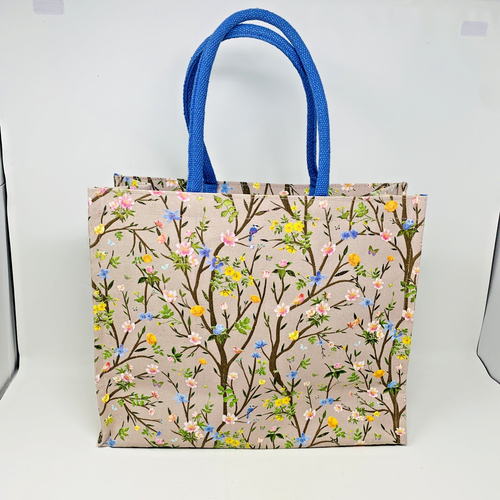 Recycled Cotton Lined Canvas Tote Botanical Floral Birds Boxed Bottom w/ Insert - Picture 2 of 11