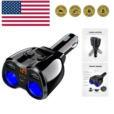 USB C Car Charger, 2 Sockets Cigarette Lighter Splitter 12/24V 80W Dual USB T...