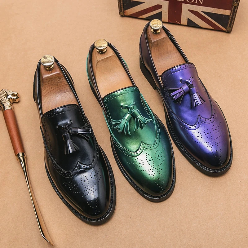 Zapatos de vestir morados para hombre brogue sin cordones moda social borlas zapatillas de cuero Foto 4 de 4