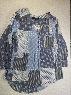 Fred David Patchwork Paisley Boho Tunic Top Women s Large Blue Rayon