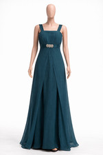 Teal Chiffon Evening Gown - Pleated Bodice Embellished Waist Formal Maxi Dress