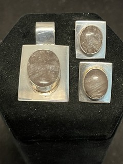 Vintage Mexican Moss Agate Pendant & Post Earrings Sterling Silver 28g STUNNING!