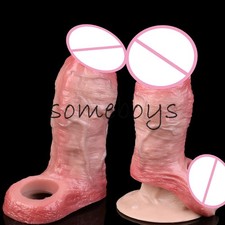 Open-ended Realistic Penis Sleeve With Inner Thread Silicone Enlarge Sheath Men