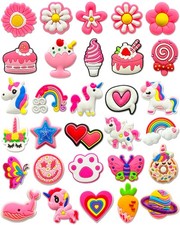 30pc Pink Croc Charms for Girls - Cute Kawaii Unicorn Rainbow Butterfly Pins Set