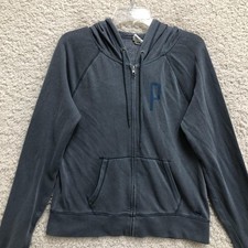 Victoria's Secret PINK Hoodie Womens Large Blue Full Zip Sweatshirt Raglan Logo