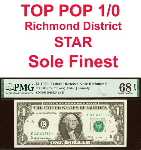 1969 $1 Federal Reserve Note PMG 68EPQ top pop 1/0 Richmond star Fr 1903-E*