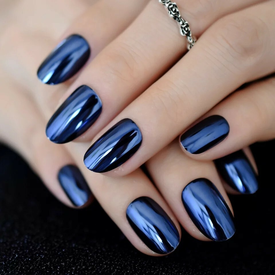 Metallic Dark Blue Chrome Press On Nails medium short Mirror Shiny Goth