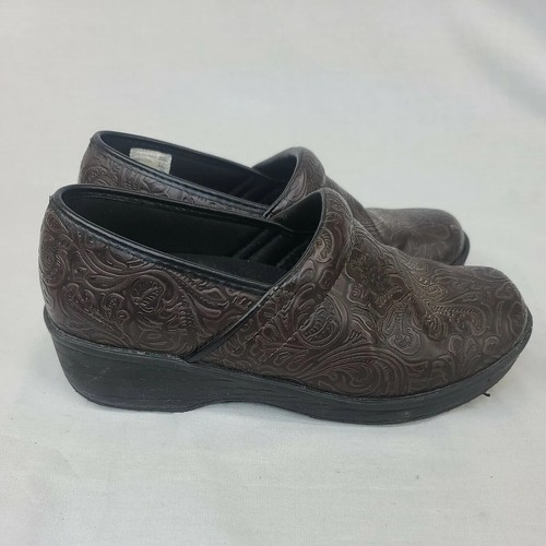 SafeTStep Comfort Clogs Mules Womens 7.5 Brown Floral Embossed Safe T Step