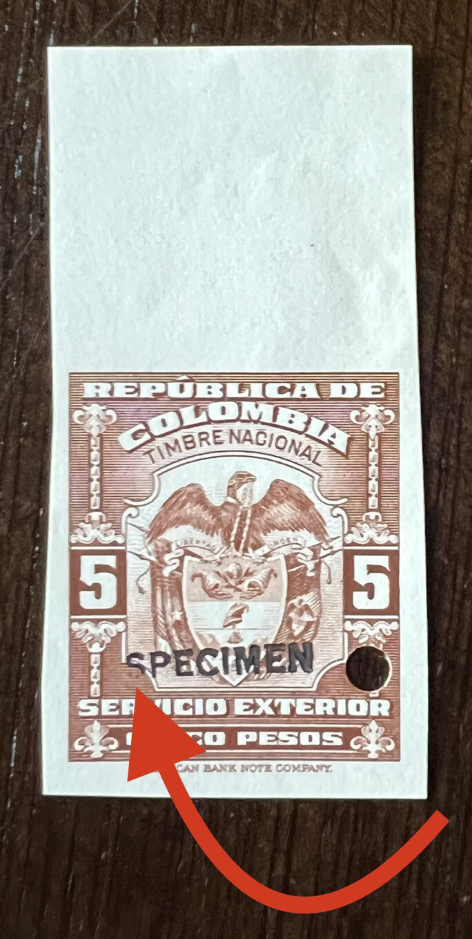 RARE ERROR COLOMBIA IMPERF SPECIMEN 5 PESOS STAMP MINT WITH MISSING INK ON "S"