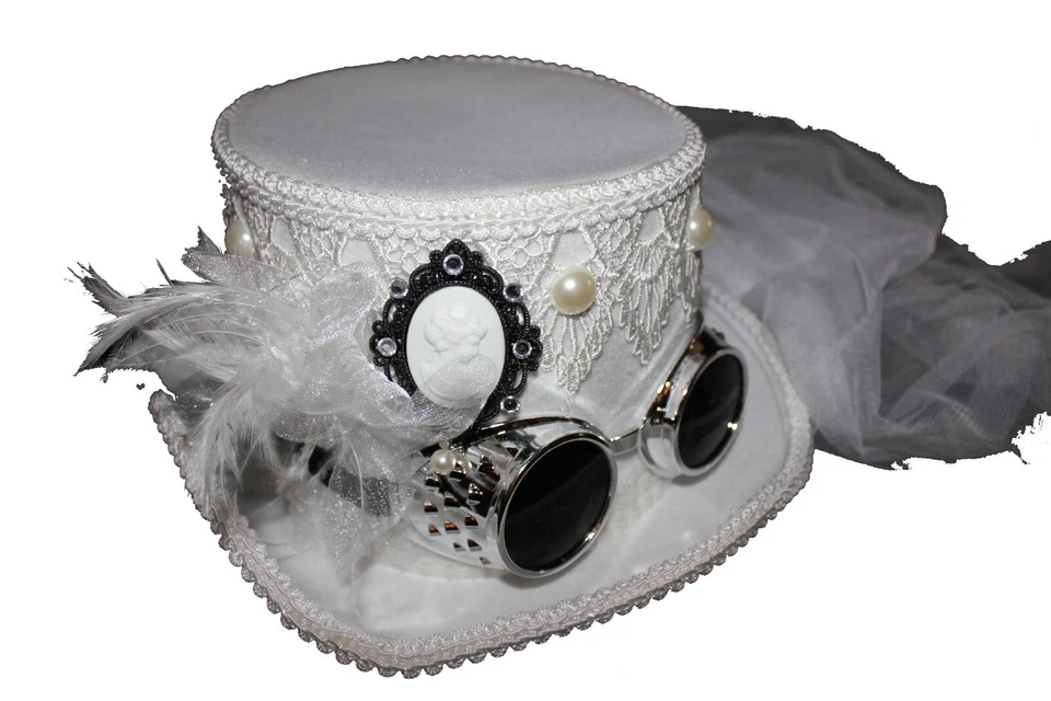 Deluxe Velvet 5.5" Steampunk Glasses Victorian Top Hat Cameo Veil Feathers 1 Siz - Image 3 of 4