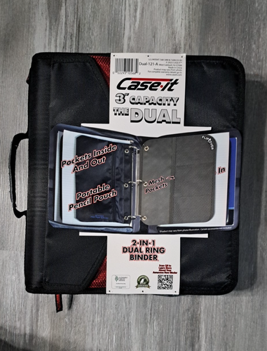 Case It Dual Ring Zipper Binder W/ Exterior Pocket Black/red 3" Capacity Handle