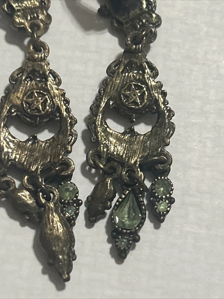 Vintg 30s Earrings Chandelier Signed w/StarSpain Pearls Opalescent Peridot Green - Image 3 of 4