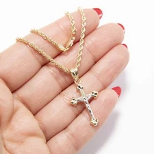 10K Yellow White Gold 1 3/8" Jesus Cross Crucifix Pendant Necklace