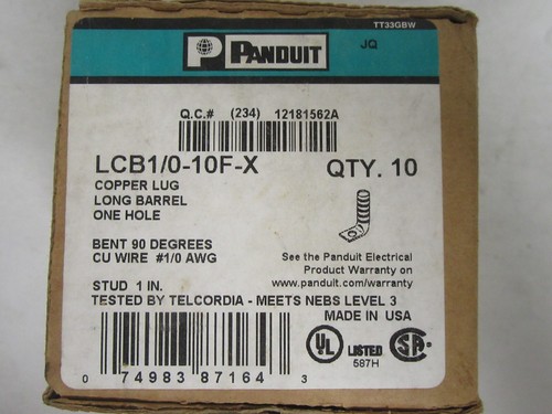 Box of 10 Panduit LCB1/0-10F-X Copper Lug Long Barrel 1/0 AWG 1 Hole #10 - Picture 7 of 8