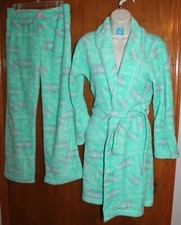 CALVIN KLEIN Girls' Size 10-12 PLUSH SLEEP/LOUNGE SET Green Robe  Pants EUC