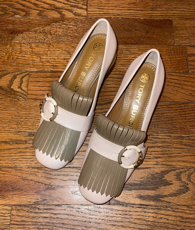 Tory Burch Multi-Logo Kiltie Metallic Leather Loafer Pumps Brie / Sunflower