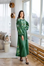 Women's Green Embroidered Linen Maxi Dress Ukrainian Vyshyvanka with Belt Boho