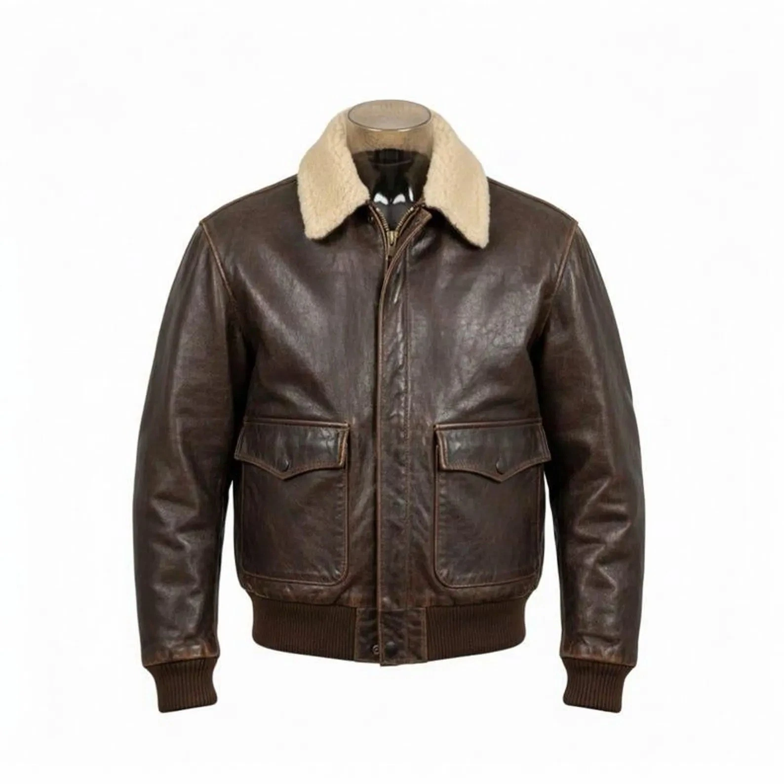 Men's Brown A2 Bomber Leather Jacket Shearling Collar Vintage Aviator G1 Pilot R