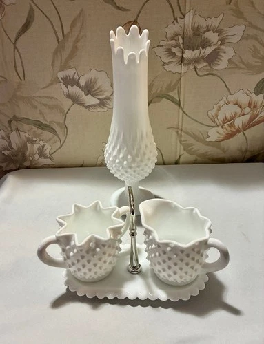 Vintage Fenton White Hobnail Milk Glass - 11.5" Vase, Cream & Open Sugar on Tray