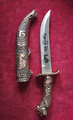 Prunkvoller Deko-Dolch / Sammlermesser mit Pferdekopf-Knauf & Scheide