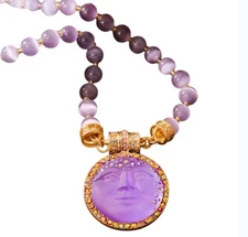 Purple Glass Iridescent Moon Face Pendant Necklace Cat's Eye Beads