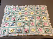 Baby Toddler Granny Square 3D Flower Pastel Crochet Throw Blanket Afghan 38 x 53