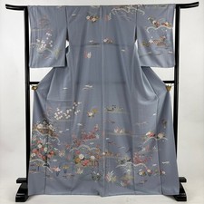 JAPANESE KIMONO HOMONGI BLUE-GRAY 171cm 5 ft 7 in PURE SILK FF10614