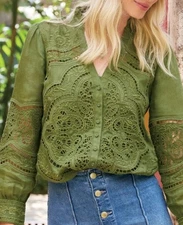 NEW! SUNDANCE CATALOG Women’s  “Bingham” Rosemary Olive Green Lace Top Blouse S