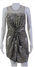 Parker Champagne Gold Metallic Sequin Illusion Mesh Cocktail Mini Dress Small