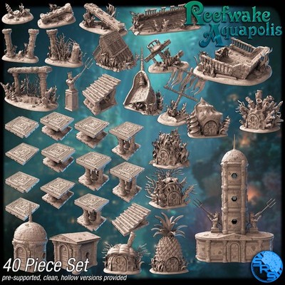 Versunkene Wasserstadt Gelände Set - 3D gedruckte Fantasy RPG Landschaft für 28-32mm Spiele