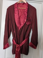 Vintage Smoking Jacket Tie Waist Burgundy Red With Pocket Square