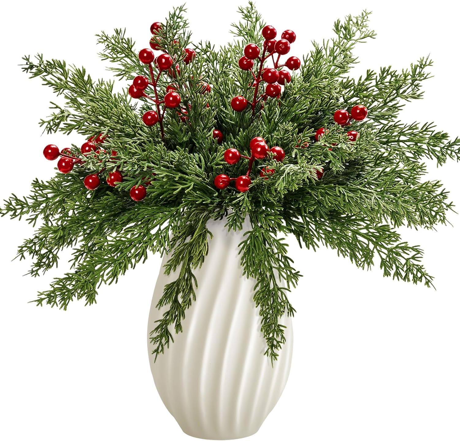 45 Pcs Artificial Pine Branches with Red Berry Stems, Christmas Greenery Sprigs