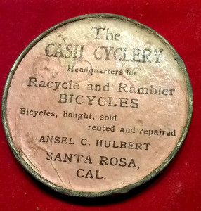 (Pgasteelers1) Adv. Mirror Santa Rosa, CA.  "Cash Cyclery .. Bicycles"  2  3/8"