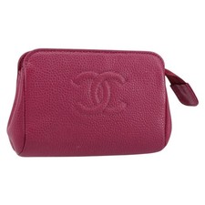 CHANEL COCO Mark Pouch Grained Calf Skin Pink Gold CC Auth 152429