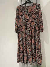 NUTMEG SIZE 14 NAVY/ORANGE MIX 3/4 SLEEVE TIER HEM MIDI DRESS VGC