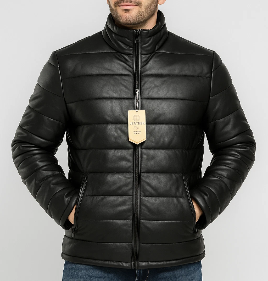 Men Real Leather Puffer Jacket Soft Lambskin Black Quilted Padded Winter Jacket