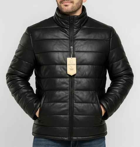 Men Real Leather Puffer Jacket Soft Lambskin Black Quilted Padded Winter Jacket - product listing photo