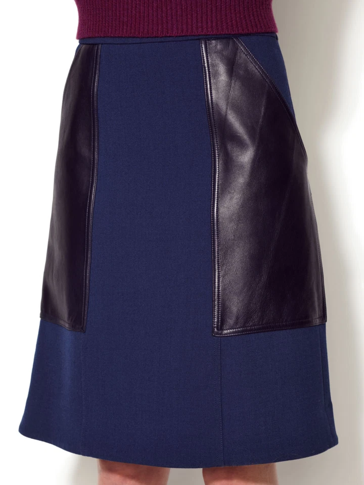 $600 NUEVO CON ETIQUETAS Jill Stuart GONA Falda de Lana Panel de Cuero Negro Cobalto Azul Marino 8 Foto 3 de 3