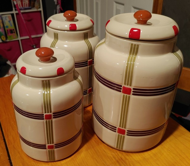 Longaberger Pottery Mixed Harvest MultiPlaid Canisters Set of 3! eBay