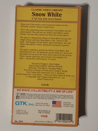 SNOW WHITE Classic Video Library VHS Tape 1987 Nippon Animation Anime 1989 GTK - Picture 2 of 3