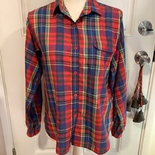 The Fox Collection red blue plaid button down layering women's shirt size Medium